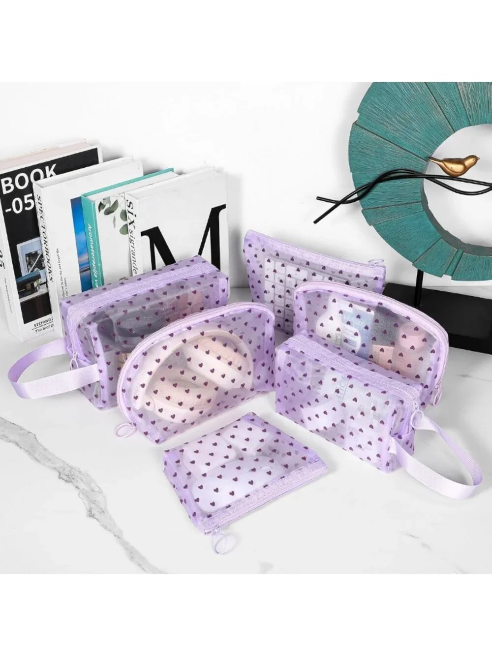 6-Piece Zipper Mesh Makeup Bag Set - Portable Clear Cosmetic & Toiletry